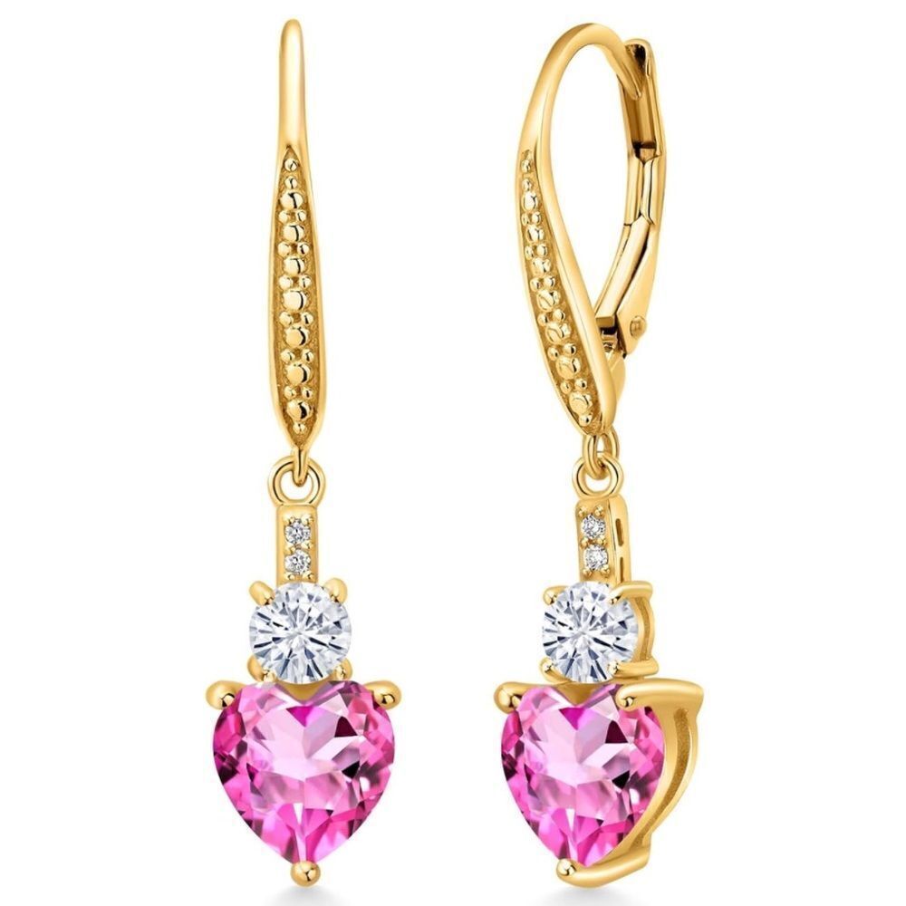 18K Yellow Gold with 3.09 Cttw Pink Mystic Topaz and Moissanite Heart Earrings